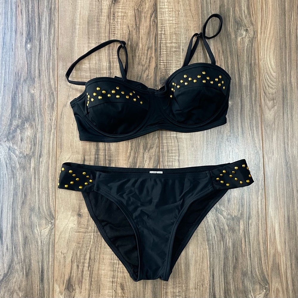 Damsel Studded Black Bikini Top and Bikini Bottom Set